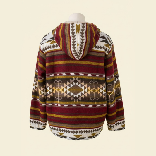 Back view of the ALLPA boho jacket made from a wool blend with alpaca, showing geometric Andean patterns in red, brown, yellow, and cream, with the hood up, photographed against a solid cream background.