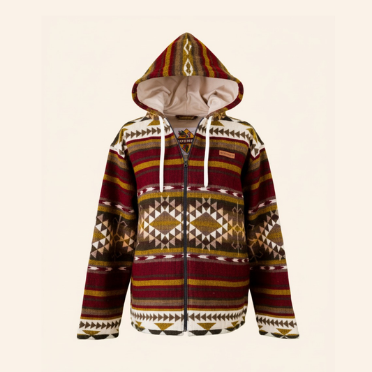 Front view of the ALLPA boho jacket with hood up, made from a wool blend with alpaca. The jacket features geometric Andean patterns in red, brown, yellow, and cream, with a zipper front, photographed against a solid cream background.