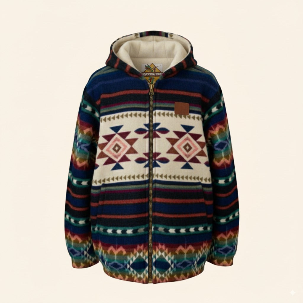 Front view of the ANKA boho jacket made from wool and alpaca, featuring an open zipper, QUENDE logo label, and a subtle patch on the right chest.