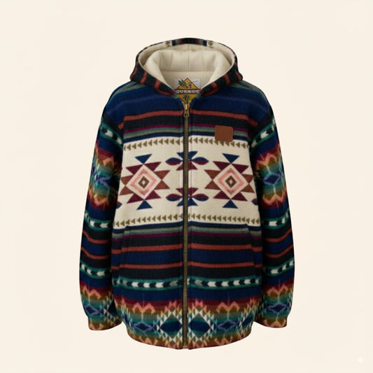 Front view of the ANKA boho jacket made from wool and alpaca, featuring an open zipper, QUENDE logo label, and a subtle patch on the right chest.