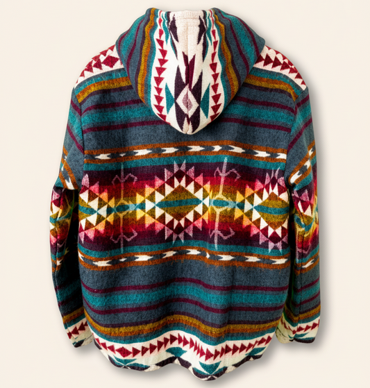 Back view of the QILLU boho jacket made from a wool blend with alpaca, showing colorful Andean geometric patterns in red, yellow, green, and cream on a solid cream background