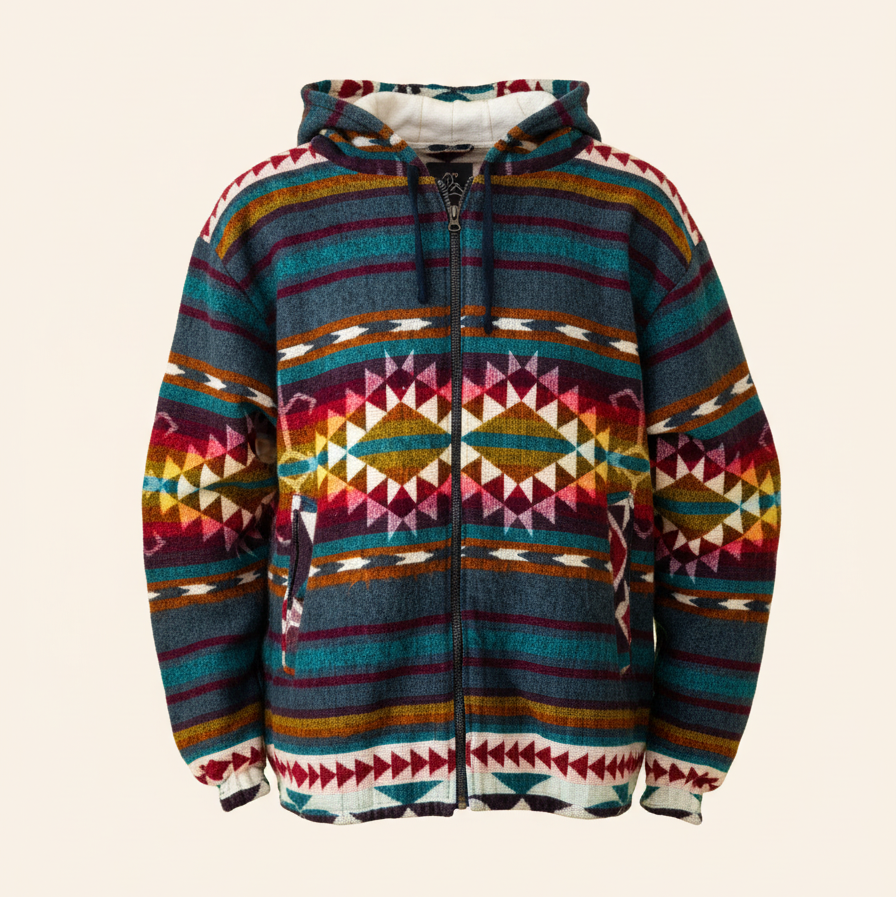 Front view of the QILLU boho jacket made from a wool blend with alpaca, featuring vibrant Andean geometric patterns in red, yellow, green, and cream on a solid cream background