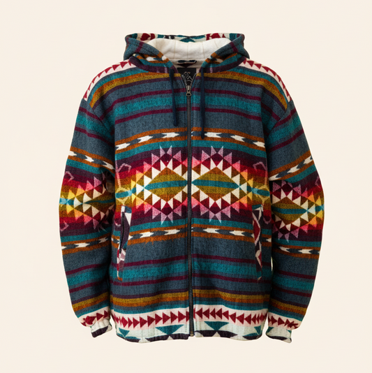 Front view of the QILLU boho jacket made from a wool blend with alpaca, featuring vibrant Andean geometric patterns in red, yellow, green, and cream on a solid cream background