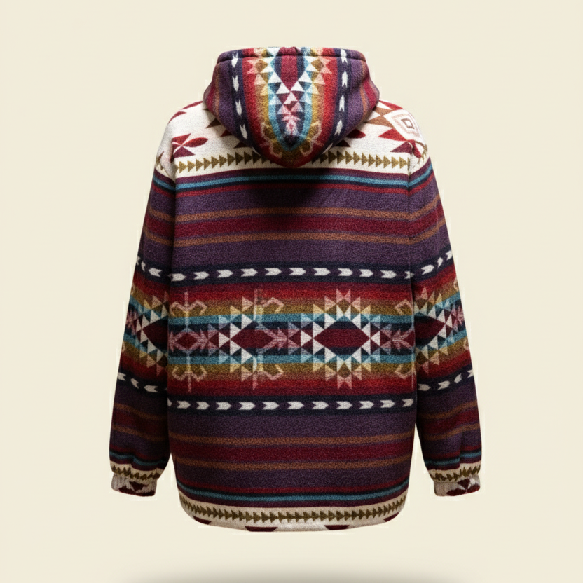Back view of the Chaska jacket by QUENDE – handmade wool jacket in multicolor tones with hood, displayed on warm cream background.