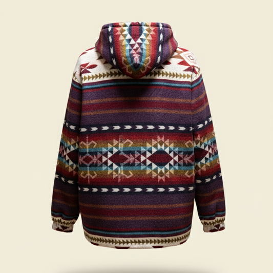 Back view of the Chaska jacket by QUENDE – handmade wool jacket in multicolor tones with hood, displayed on warm cream background.