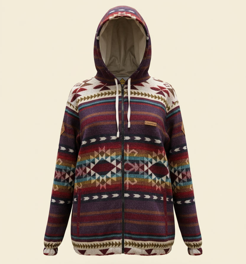 Chaska jacket by QUENDE – front view with hood up, artisan multicolor wool jacket inspired by South American art, on warm cream background.