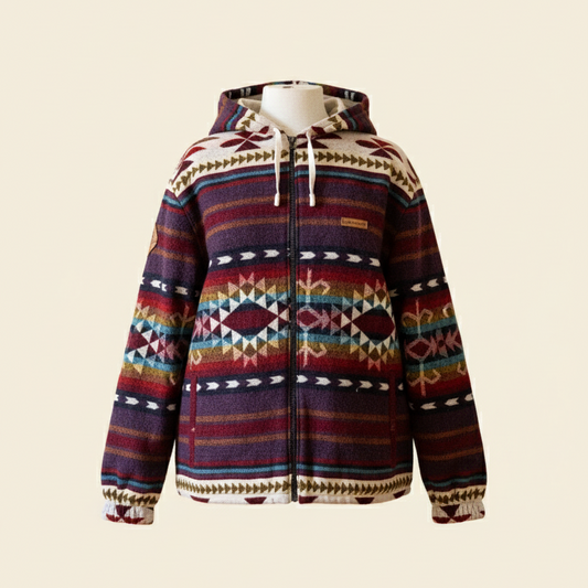 Front view of the Chaska jacket by QUENDE – handmade South American wool jacket in multicolor tones with hood, displayed on warm cream background.