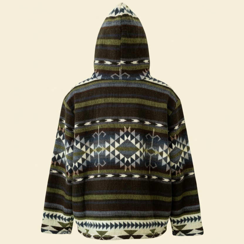 Back view with hood of the Qumir jacket by QUENDE – artisan South American wool jacket with hood, displayed on warm cream background.