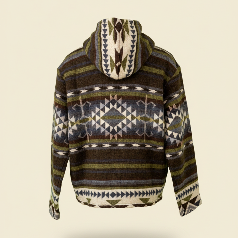 Back view of the Qumir jacket by QUENDE – artisan South American wool jacket with hood, displayed on warm cream background.