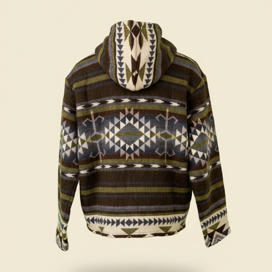 Back view of the Qumir jacket by QUENDE – artisan South American wool jacket with hood, displayed on warm cream background.