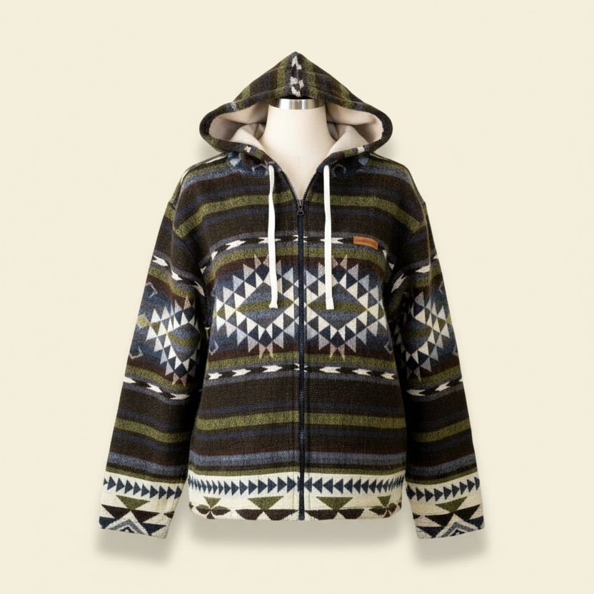 Front view of the Qumir jacket by QUENDE – handmade wool jacket inspired by South American art, with hood, on warm cream background