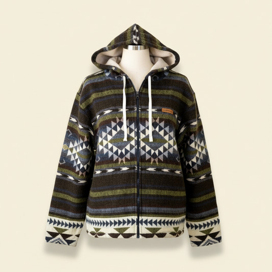 Front view of the Qumir jacket by QUENDE – handmade wool jacket inspired by South American art, with hood, on warm cream background