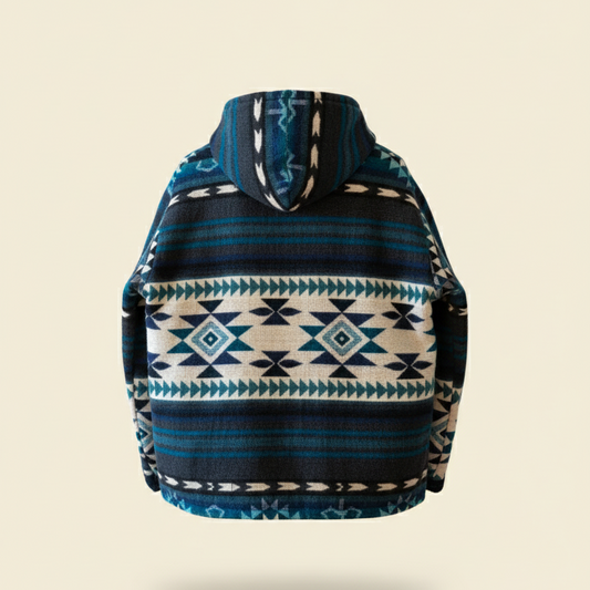 Back view of the Yaku jacket by QUENDE – handmade South American wool jacket in blue tones, with hood, showing part of the back, on warm cream background.
