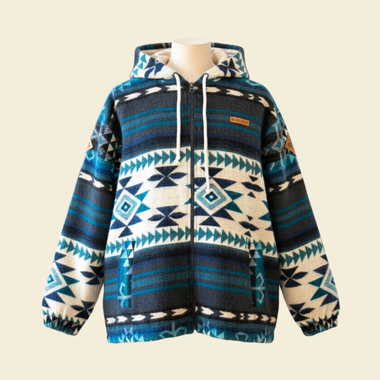 Front view of the Yaku jacket by QUENDE – handmade South American wool jacket in blue tones, with hood, on warm cream background.