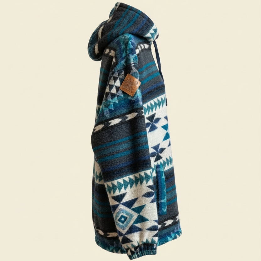 Side view of the Yaku jacket by QUENDE – handmade South American wool jacket in blue tones, with hood, showing part of the front, on warm cream background.